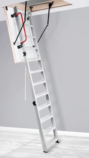 An aluminium folding loft ladder down from a hatch in a landing ceiling.