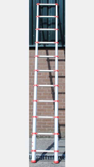 A telescopic ladder extended, its sections locked at each rung.